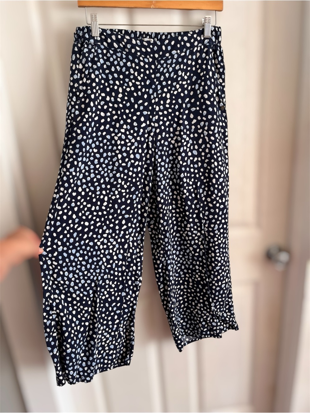 Roxy Navy Blue & White Pebble Print Pull-On Palazzo Pant Wide Leg Cropped Medium